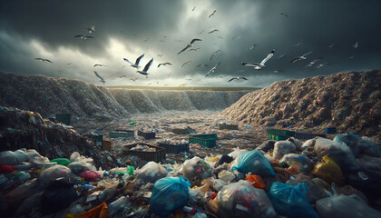 a large amount of trash in a large open area