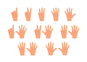 Counting with fingers. Hand gesturing, arm showing one, two, three, four and five numbers, digits. Countdown, score, elementary math learning. Flat vector illustration isolated on white background