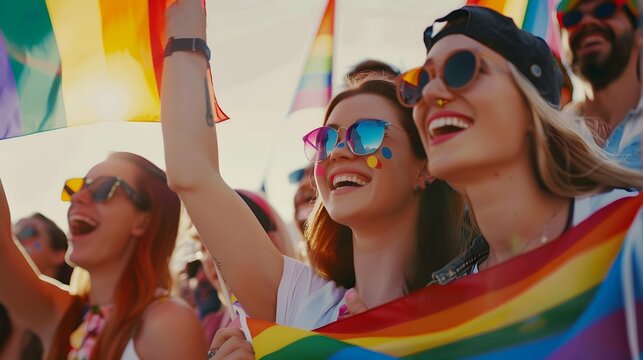 Group of people LGBT community celebrating gay pride day and showing rainbow flag. 