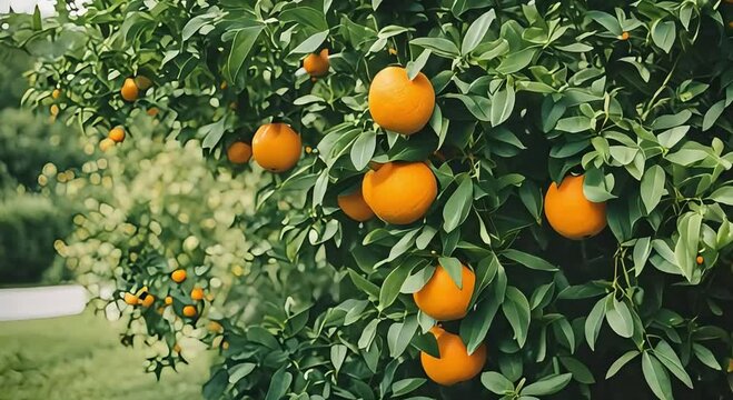 fresh and ripe oranges hanging in the garden