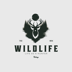 wild life logo vector vintage illustration, life as a hunter of deer template design