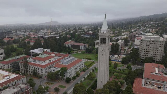 flying past Campanile tower on UC Berkeley campus