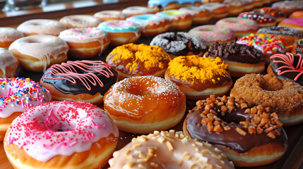 A vibrant photo captures a delightful spread of US-style donuts with various colorful toppings and fillings. The eye-catching display.