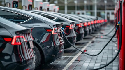 A fleet of company electric cars charging at fast charger station located at a logistics center, cargo transport and delivery, semi-trucks and vans powered by renewable solar, wind electricity energy