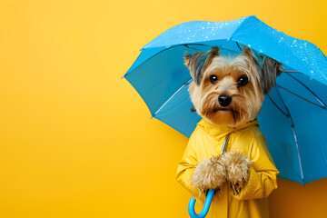 Funny cute dog with colorful umbrella on background.