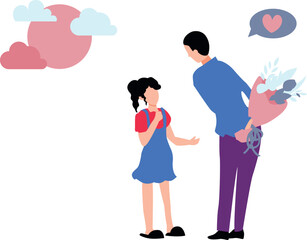 A boy is giving flowers to the girl.