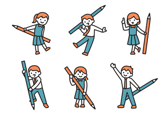 大きな鉛筆を持ってポーズをとる男子生徒と女子生徒のイラストセット