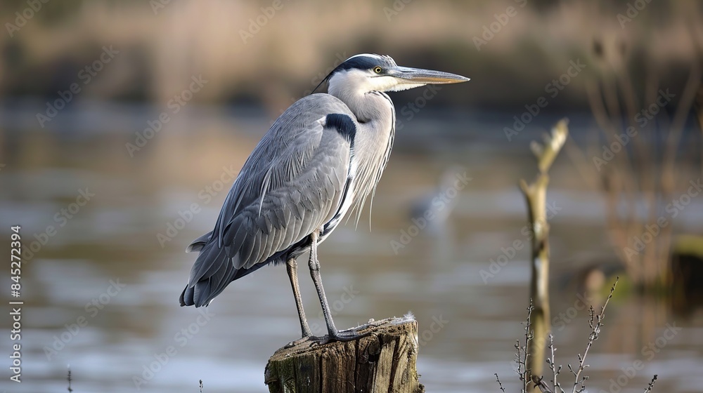 Wall mural A Grey Heron Perched on a Stump