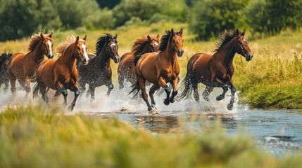Horses Galloping Through a Stream
