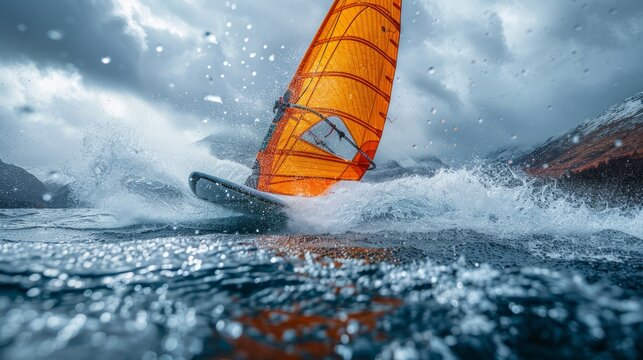 photograph of A windsurfer catching speed across a windy lake, the sail fully extended and water spray highlighting the action wide angle lens.