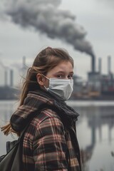 Obraz premium Young girl with face mask, emphasizing air quality issues, industrial landscape filled with smoke