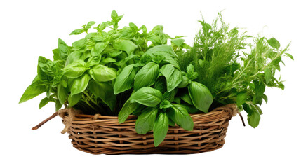 Naklejka premium Photograph of a basket overflowing with fresh Western herbs, such as basil, oregano, and thyme