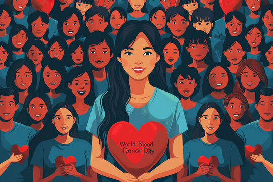 Crowd of people holding hearts promoting World Blood Donor Day. World Blood Donor Day.
