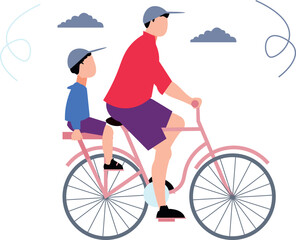 The boy is cycling with a child.