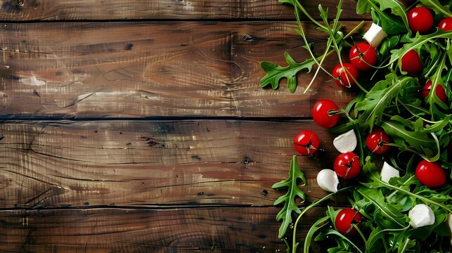 Fresh summer vegetable salad with mozzarella cheese arugula and cherry tomatoes on wooden table Healthy eating idea Flat lay view