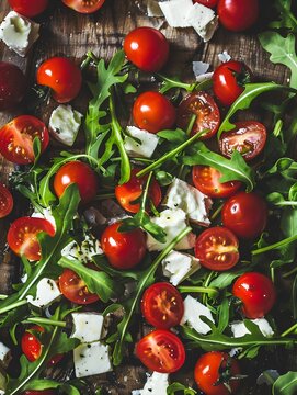 Fresh summer vegetable salad with mozzarella cheese arugula and cherry tomatoes on wooden table Healthy eating idea Flat lay view