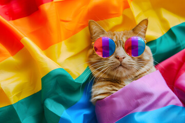 Cute cat wrapped in rainbow flag on background.