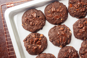 double chocolate cookies cooling  on baking tray