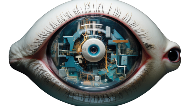photograph of a 3D hologram of a human eye being dissected and labeled, highlighting the major structures and their functions