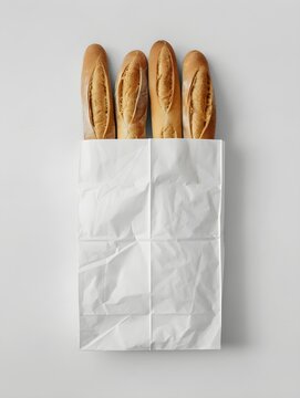 Fresh Baguette in a white paper bag mockup on white background