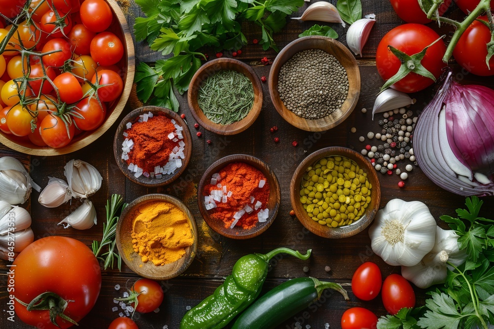 Poster a variety of fresh vegetables and spices are displayed on a rustic kitchen table, showcasing vibrant