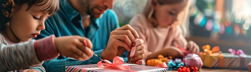 Father and kids finishing a gift wrapping with ribbon and bows, focus on, Father s Day togetherness, vibrant, composite, craft table backdrop