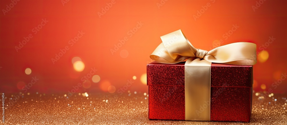 Aufkleber copy space image of a shiny gift box adorned with a golden ribbon against a vibrant red backdrop per