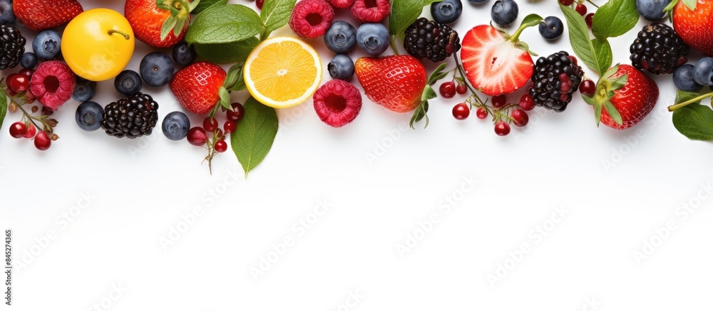 Poster top view of a fresh fruit pattern with vibrant berries lush green leaves and a frame all set against