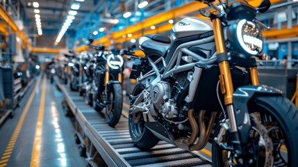 Fototapeta premium Rear view of a motorcycle on a conveyor belt in a modern warehouse