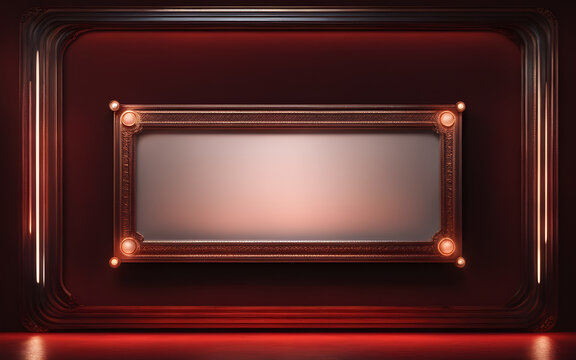 Empty red light billboard frame template on a dark background, dramatic lighting, gift card template