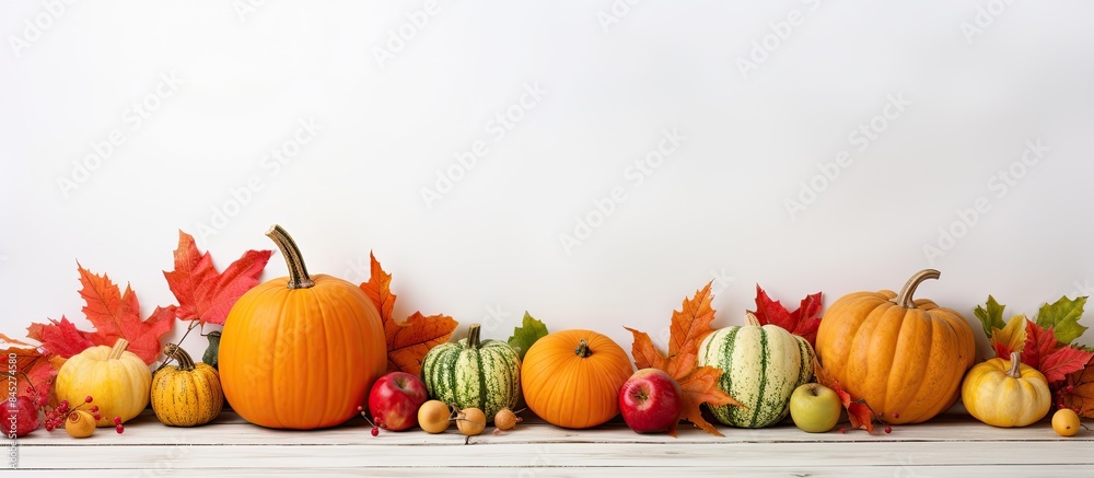 Poster copy space image of a thanksgiving display featuring pumpkins orange squash autumn leaves and red an