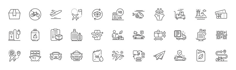 Delivery cart, Package box and Parking security line icons. Pack of Taxi, Flight sale, Paper plane icon. Canister, Parcel checklist, Bike path pictogram. Eco bike, Bicycle prohibited. Vector