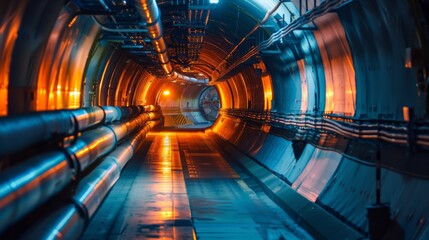 Tunnel with glowing lights at night. Industrial interior background.