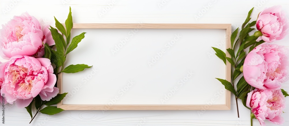 Poster a white background hosts an empty wooden picture frame accompanied by fresh peonies this flower comp