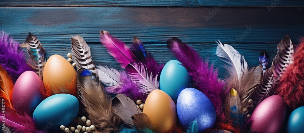 Poster colorful feathers provide a vibrant backdrop for decorative easter eggs the image offers plenty of c