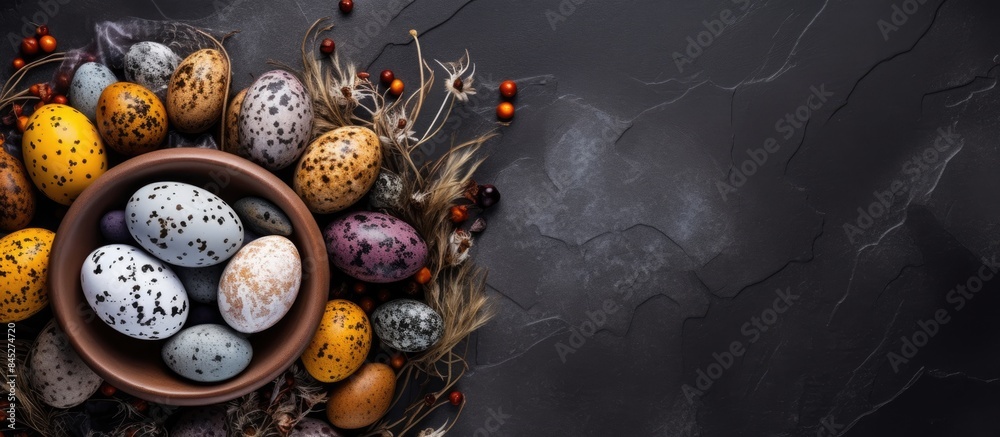Aufkleber A flat lay view of Easter eggs chicken and quail eggs arranged in a bowl on a stone table with plenty of copy space for additional elements