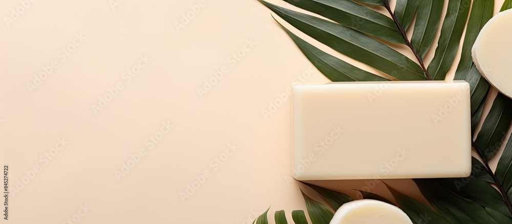 Poster top view of natural handmade soap and palm leaves on a beige background this copy space image repres
