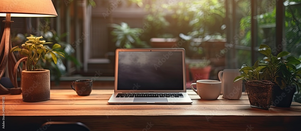 Poster Home office with a cozy working environment featuring a wooden table and a modern laptop resting on it Embodies the idea of freelance work with a copy space image