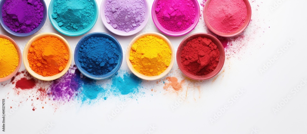 Poster Flat lay copy space image of bowls filled with vibrant colorful powders on a light background creating a festive atmosphere for the celebration of the Holi festival