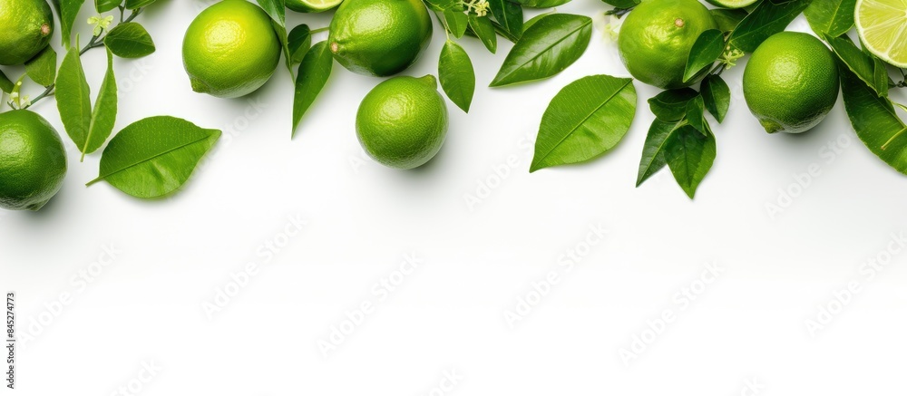 Poster a close up top view image of fresh green limes and leaves isolated on a white background it captures