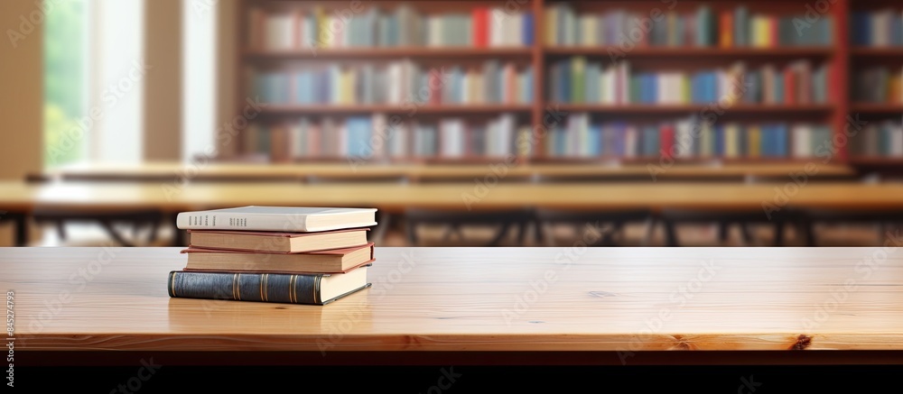 Poster A wooden table with hardcover books spread open creating an image of an educational environment with a copy space for text perfect for back to school related content