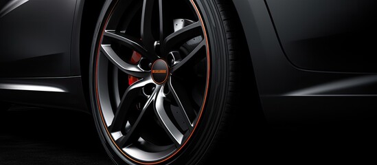 A fragment detail of a black tuning sports alloy wheel is neatly showcased on a black background...
