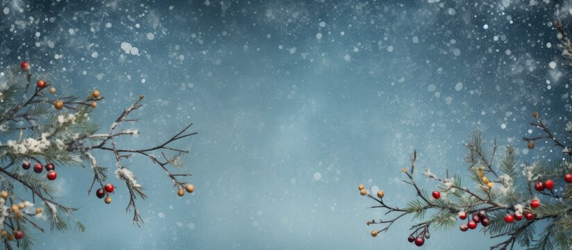 Get ready for Christmas with this pre made greeting card featuring a beautiful blue background that leaves space for heartfelt words The card showcases Christmas tree branches cones and berries to ca