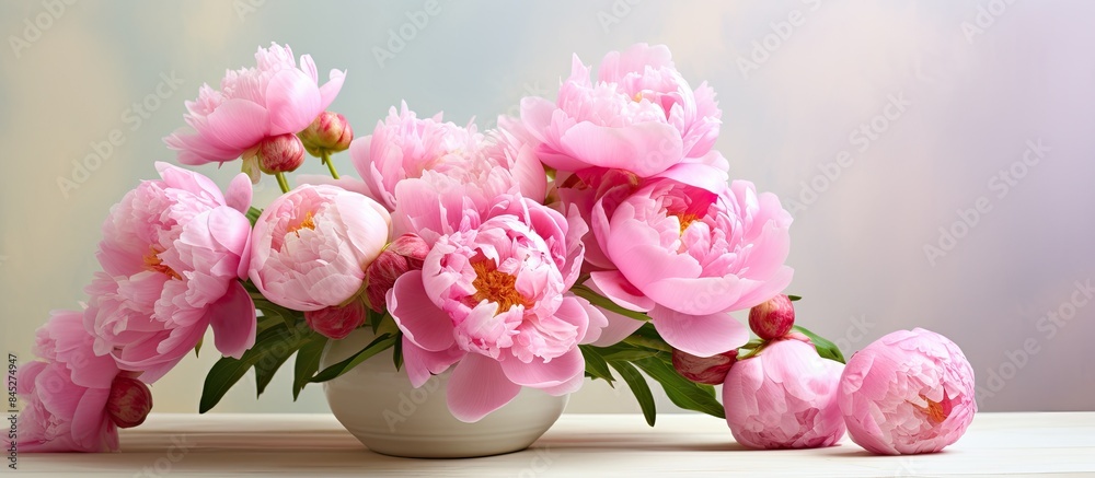 Aufkleber Bright pink peonies are arranged in a vase against a light background The vibrant flowers are in full bloom creating a captivating image The concept of the card is complemented by the copy space prov