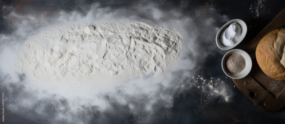 Poster A top down view of a dark table covered in a powdery texture resembling white flour and sand The background is suitable for baking or cooking food There is ample space for advertising text making it