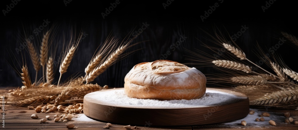 Poster high quality photo of a round whole bread placed on a wooden cutting board with flour sprinkled on i