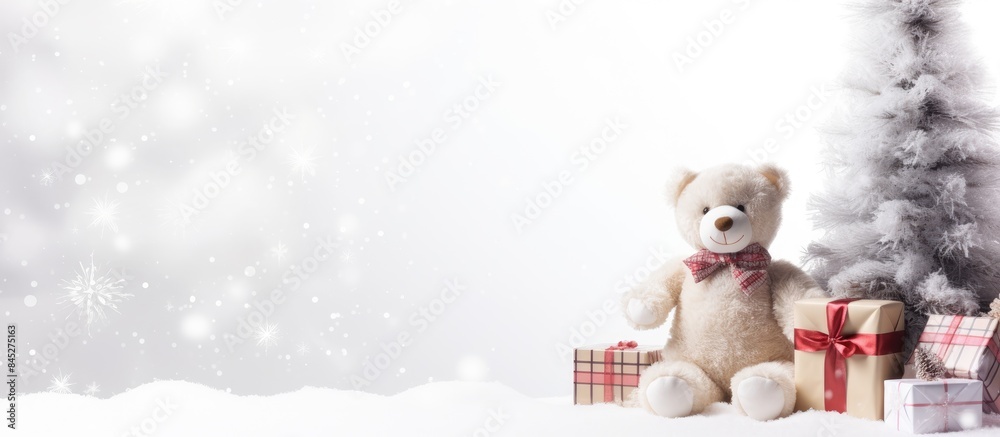 Poster a festive arrangement of christmas gift boxes and a toy fir tree on a white fur background with ampl