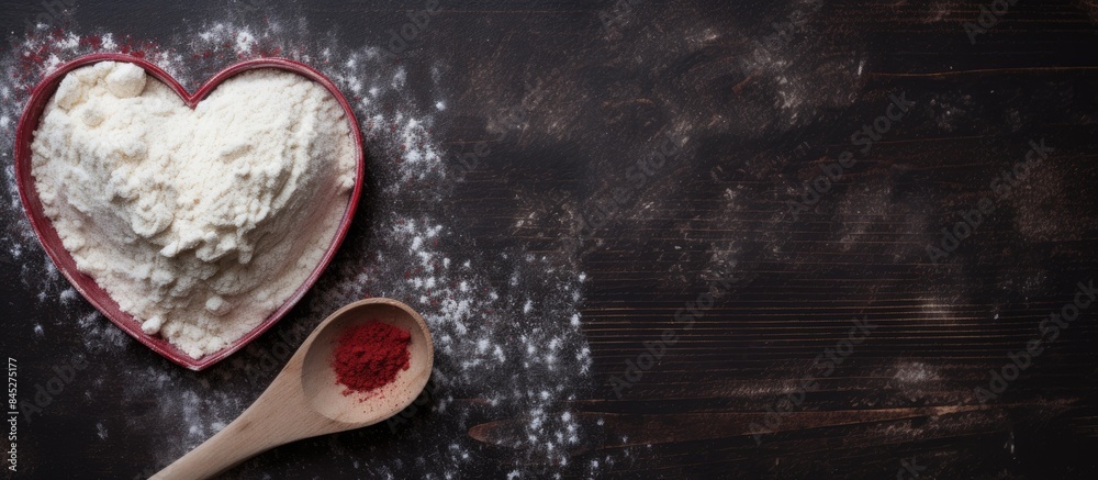 Poster Top view of a dark table with a heart made of flour along with the text Cook and a rolling pin It serves as a baking background image with copy space
