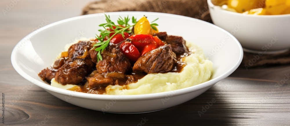 Poster a bowl of fried chicken liver with apples sweet pepper and onions served with mashed potatoes placed