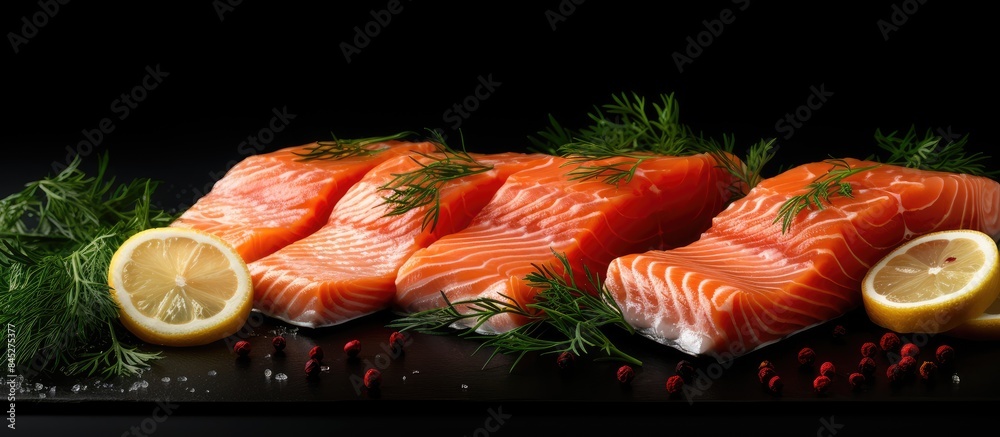 Aufkleber a stunning copy space image of salmon slices on a dark backdrop adorned with lemon slices peppercorn